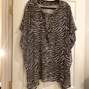 Kaftan in Zebra print with gold trim tasseled tie front at neckline Size OS